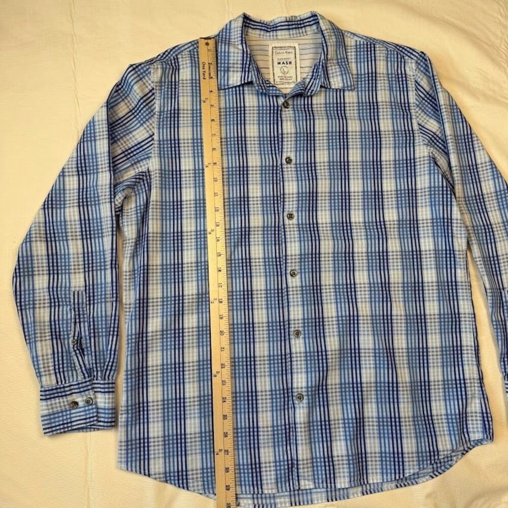 Calvin Klein Wash 100% Cotton Long Sleeve Button Down Blue/White Plaid Shirt, L - Picture 7 of 10